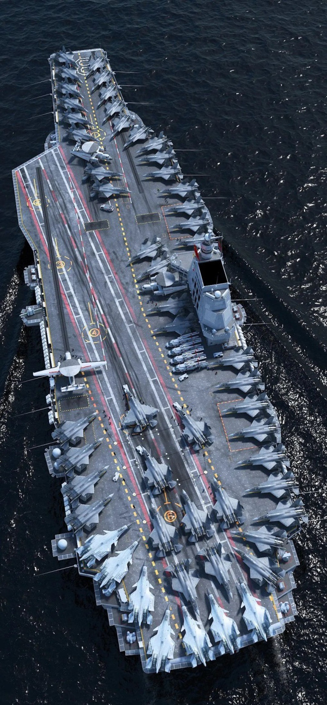 对于平台甲板、电磁弹射的大型航母的威慑能力，中共赋予高度期望，认为它将在台海战争中对美军的干预形成区域拒止／反介入的作用。图为福建舰想像图。（图／微博）