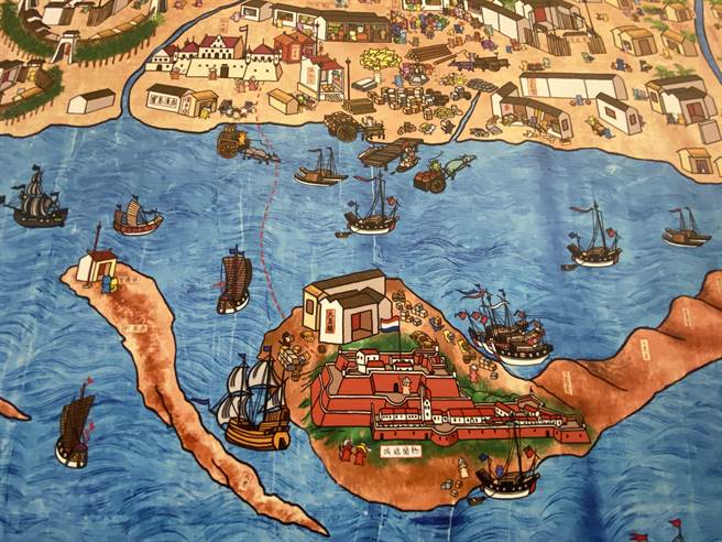 邱浡洧绘制的《台江内海古地图(猫市民版)》，重回400年前歷史场景。(曹婷婷摄)