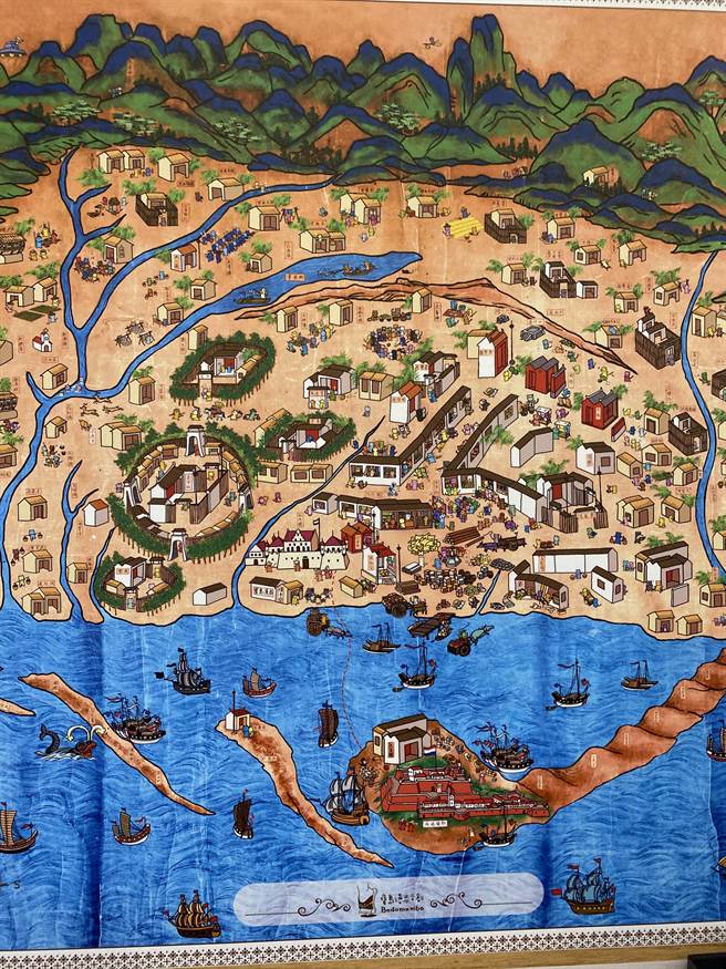 邱浡洧绘制的《台江内海古地图(猫市民版)》，重回400年前歷史场景。(曹婷婷摄)