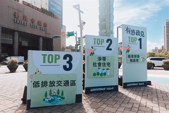 全台民眾选出的三大气候政见，包括「循环容器随处借」、「规划净零社会住宅示范区」、「低排放交通区」等。（绿色和平提供／林良齐台北传真）