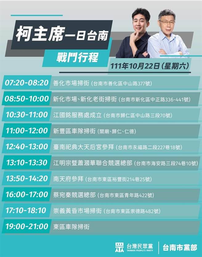 民眾党主席柯文哲明天将南下启动「1日台南战斗行程」。(民眾党台南党部提供／曹婷婷台南传真)