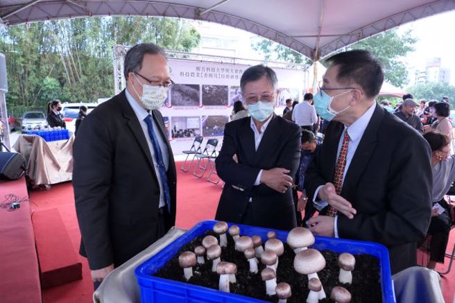 铨叙部政务次长朱楠贤(左起)、大眾教育基金会董事吴顺意及醒吾科大校长陈义文，开心讨论香槟茸的栽植成果。(醒吾科大提供)