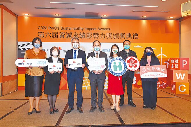 第六届资诚永续影响力奖社会创新组金奖由臺大儿童医院暨台大儿童健康基金会（中）获得，银奖由罗慧夫颅顏基金会（右一）获得，铜奖健保署（右三）与成大生物科技中心（右二）得奖。图／资诚提供