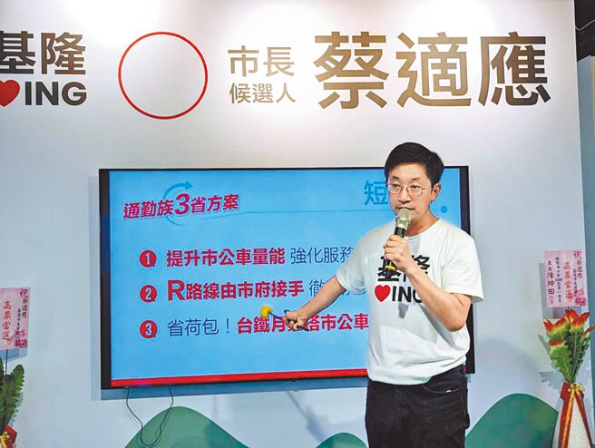 民进党基隆市长候选人蔡适应20日上午发布针对通勤族的交通政见，誓言让通勤族省荷包、省时间、省麻烦。（张志康摄）