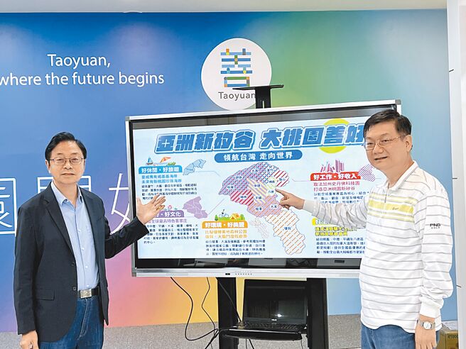 国民党桃园市长参选人张善政（左）20日在前行政院副院长杜紫军（右）陪同下，端牛肉推出「亚洲新硅谷」计画，要串联科技廊带。（蔡依珍摄）