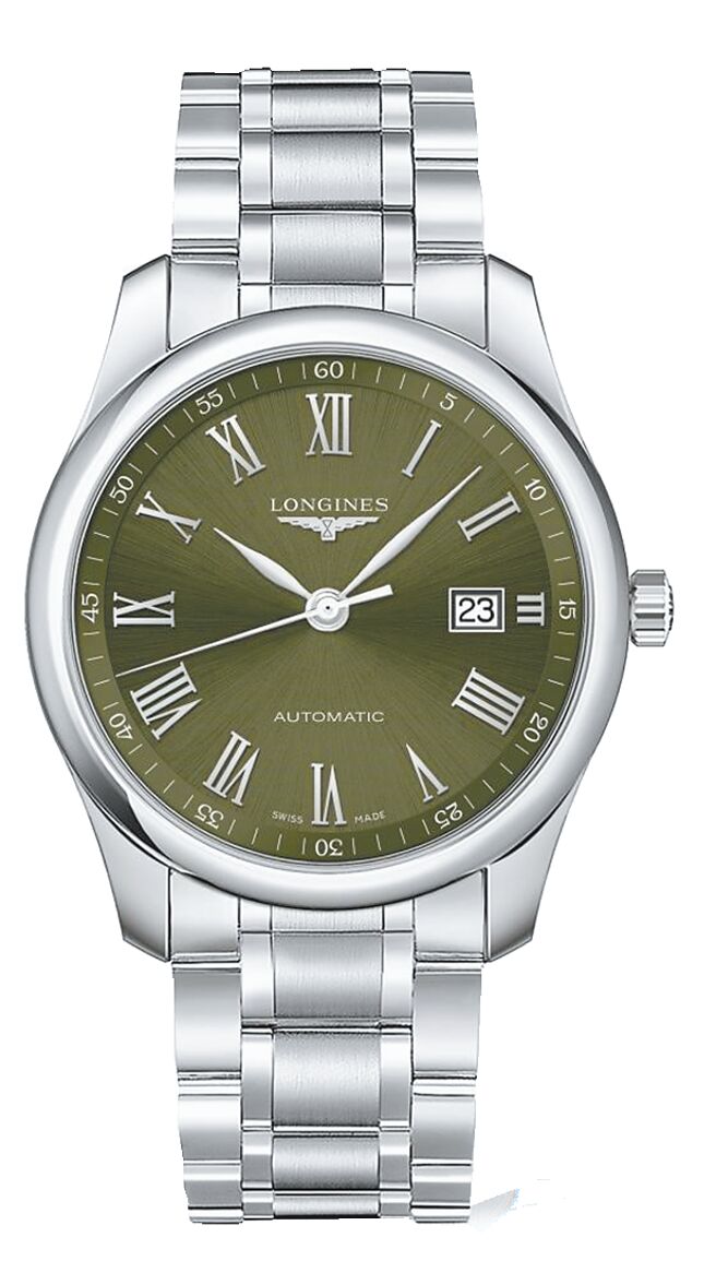 浪琴表Master巨擘系列40mm橄榄绿色面盘不锈钢表带男表，6万8500元。（Longines提供）