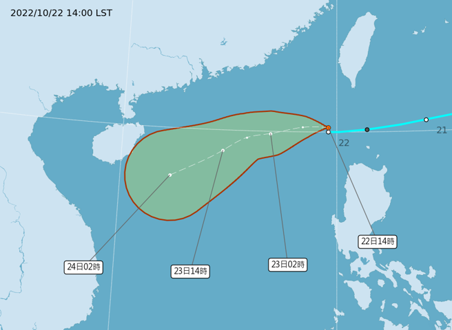 气象局资料显示，热带性低气压TD26逐渐往南海移动，预估成颱机率降低。（图／撷取自气象局官网）