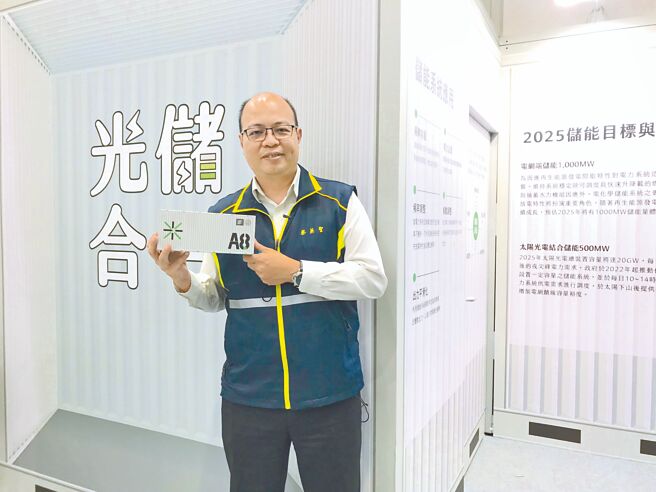 台电在「台湾国际智慧能源周」展示「光储合一」成果，台电公司再生能源处处长蔡英圣出席会场。图／蔡淑芬