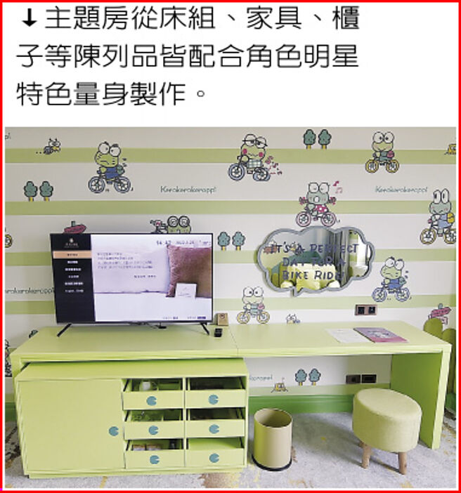 主题房从床组、家具、柜子等陈列品皆配合角色明星特色量身制作。图／姚舜