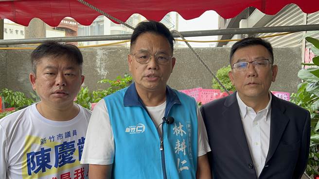 針對市府活動讓沈慧虹上台，國民黨新竹市長候選人林耕仁（中）再批「落跑二人組」林智堅、沈慧虹都已離開市府，但市府仍是他們的禁臠。（林耕仁團隊提供／王惠慧新竹傳真）