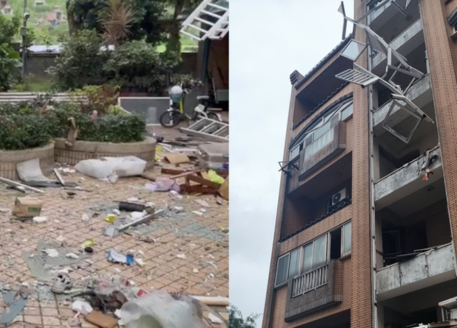 三峡6层楼民宅气爆铝窗炸飞，碎玻璃喷溅社区中庭。（新北消防局提供）