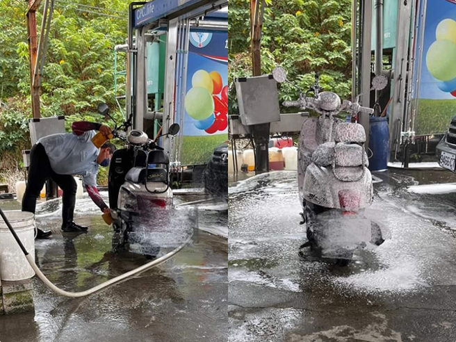 女网友日前加油时，店员加满油后不慎把油洒出来，导致机车与地面被泼到汽油，而该店员直接把车移到一旁洗车区，帮她用泡沫、清水洗车，让她很感动。（翻摄自脸书「爆废公社二馆」）
