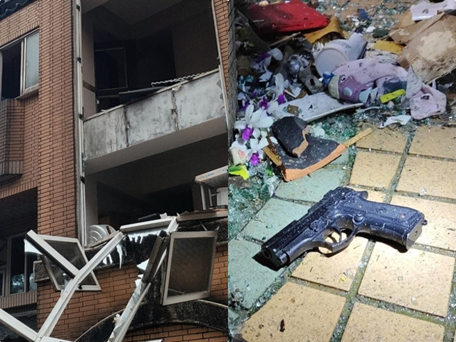 警方连夜彻查发现爆炸点为4楼储藏室，而现场存放大量鞭炮、烟雾弹、信号弹等危险物品，屋主是名讨债集团分子，在自家储藏室存放大量枪械。（翻摄照片）