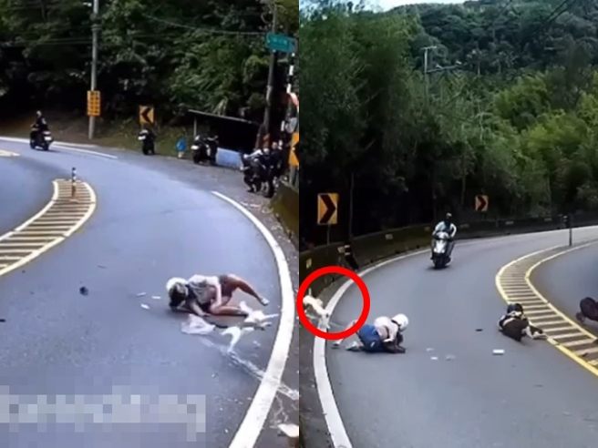 1对男女日前骑车在山路过弯时发生自摔，2人摔出车外拖行后翻滚数圈，惊悚影片曝光，网友发现后座女子还用牵绳绑着一只猫，猫也遭喷飞车外。（翻摄自脸书「重机车友 ❘ 各区路况天气、资讯分享中心」）