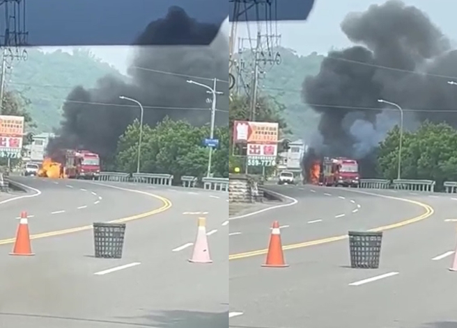 男子拍遠方砂石車起火，突然一聲爆炸聲嚇壞車上友人狂罵三字經。（翻攝自爆料公社）