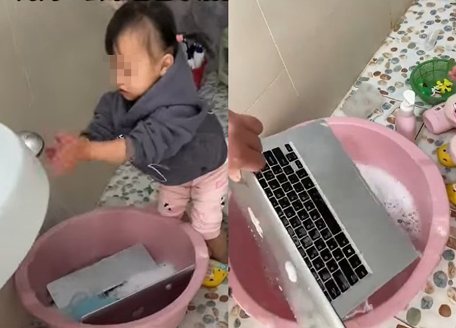 2岁女儿因为听到爸爸曾说「电脑里垃圾太多」，竟拿着笔电去浴室冲洗。（翻摄自微博）