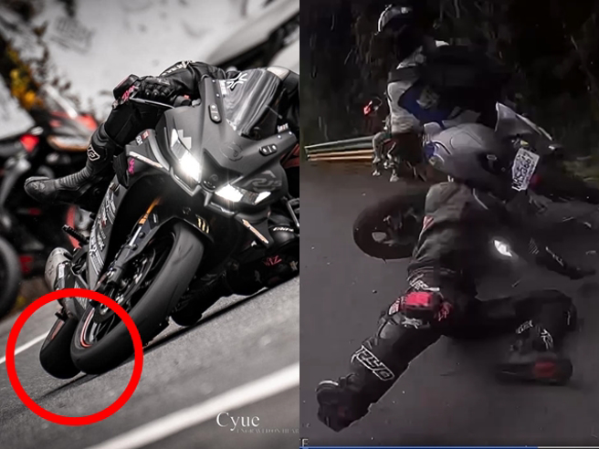 北宜公路日前发生1辆重机在过弯压车时角度过低，后轮几乎已经离地，果然之后发生自摔衝向山壁，甚至撞上路边另辆机车，所幸2人无大碍。（翻摄自脸书「重机车友❘各区路况天气、资讯分享中心」）