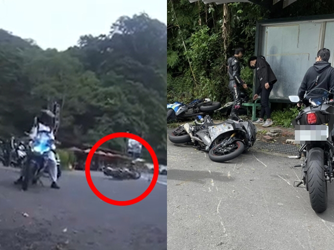北宜公路日前发生1辆重机在过弯压车时角度过低，后轮几乎已经离地，果然之后发生自摔衝向山壁，甚至撞上路边另辆机车，所幸2人无大碍。（翻摄自脸书「重机车友❘各区路况天气、资讯分享中心」）