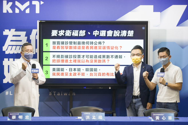 国民党25日召开「确诊投票不规划，才会造成防疫漏洞。中选会、卫福部互踢皮球！」记者会，医委会主委蔡明忠（左起）、文传会主委洪孟楷、新北市议员候选人黄心华一同要求卫福部、中选会说清楚。（杜宜谙摄）