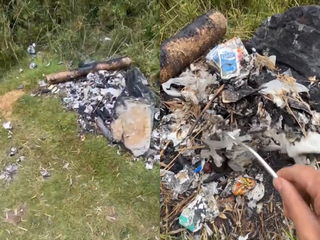 一组来自桃园的登山队23日攀登雪山西棱线时，在大南山西鞍营地堆放大量垃圾并「用喷枪焚烧」，随处可见焚烧焦黑痕迹，未烧完的垃圾也遍及地面。（翻摄自脸书「靠北登山大小事」）