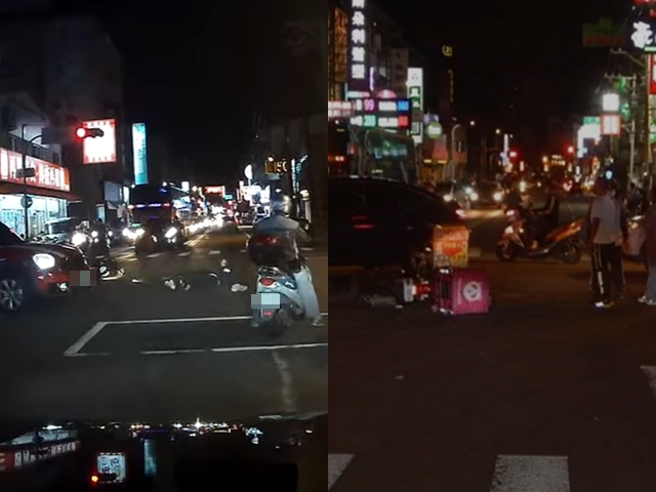 25岁女外送在路口领完餐点后，为了抢快直接闯红灯，遭到绿灯直行的轿车当场撞飞，全身呈现大字形倒地，后方目击的民眾傻眼惊呼「没在看吗？」（翻摄自脸书「记者爆料网」）