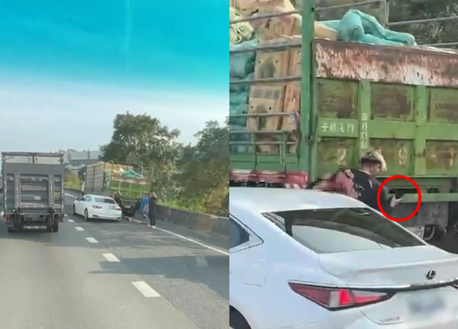 男子国道1号遭后方轿车追撞，左手遭夹车缝开放性骨折，右手却在滑手机。（翻摄自记者爆料网）