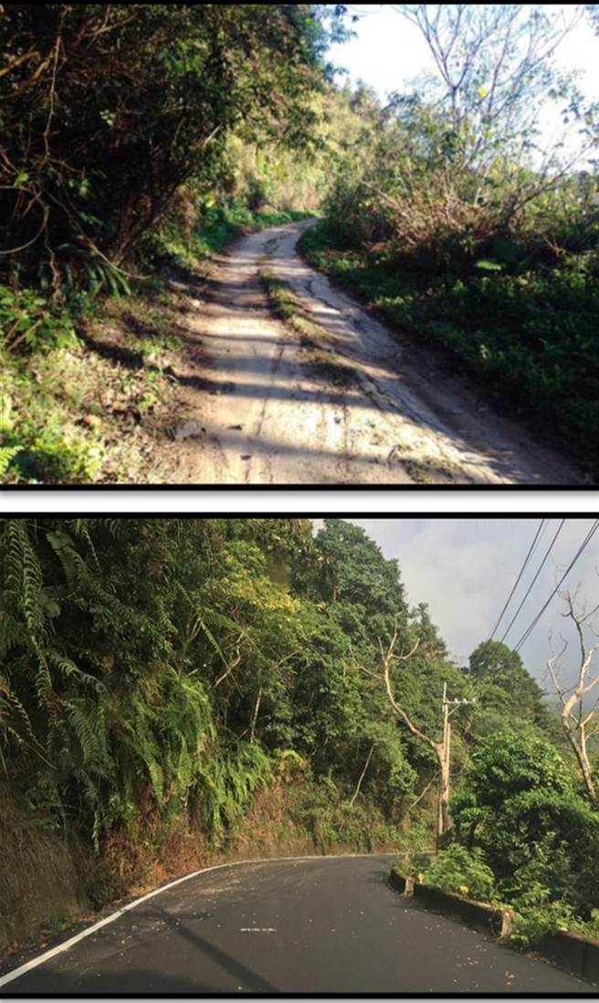 武界部落旧投71线重铺路面，改善前（上）、后（下）让居民十分感动。（南投县府提供／杨静茹南投传真）