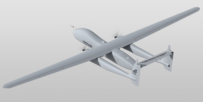 双尾蝎TB是双引擎无人机，最大飞行高度8000公尺，最高巡航速度280公里，航程约6000公里，最大续航时间35小时。（图／腾盾科创）