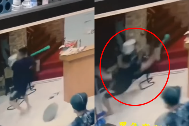 高雄市军校路附近的小吃部24日遭人砸店，监视器画面拍下，一名黑衣男子持球棒要砸店之际不慎滑倒。（翻摄自脸书《黑色豪门企业》）