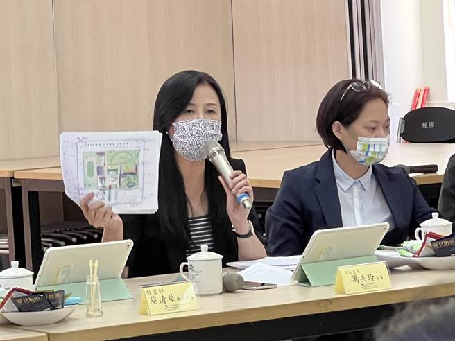 立委万美玲出示经国国中平面图认为会压缩国中空间。(蔡依珍摄)