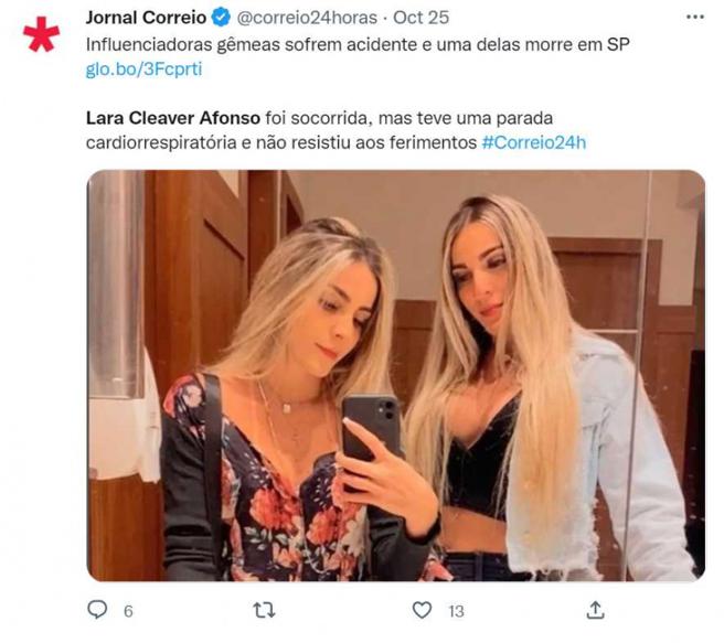 巴西双胞胎网红萝拉和达拉出车祸，其中1人不幸身亡。（图／翻摄自@correio24horas推特）