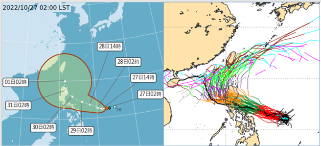 奈格行徑若在「潛勢預測路徑」（圖左）東側迴轉的、威脅較輕；若在「潛勢預測路徑」西側迴轉的、則威脅加劇。（圖／翻攝自吳德榮《三立準氣象· 老大洩天機》專欄）
