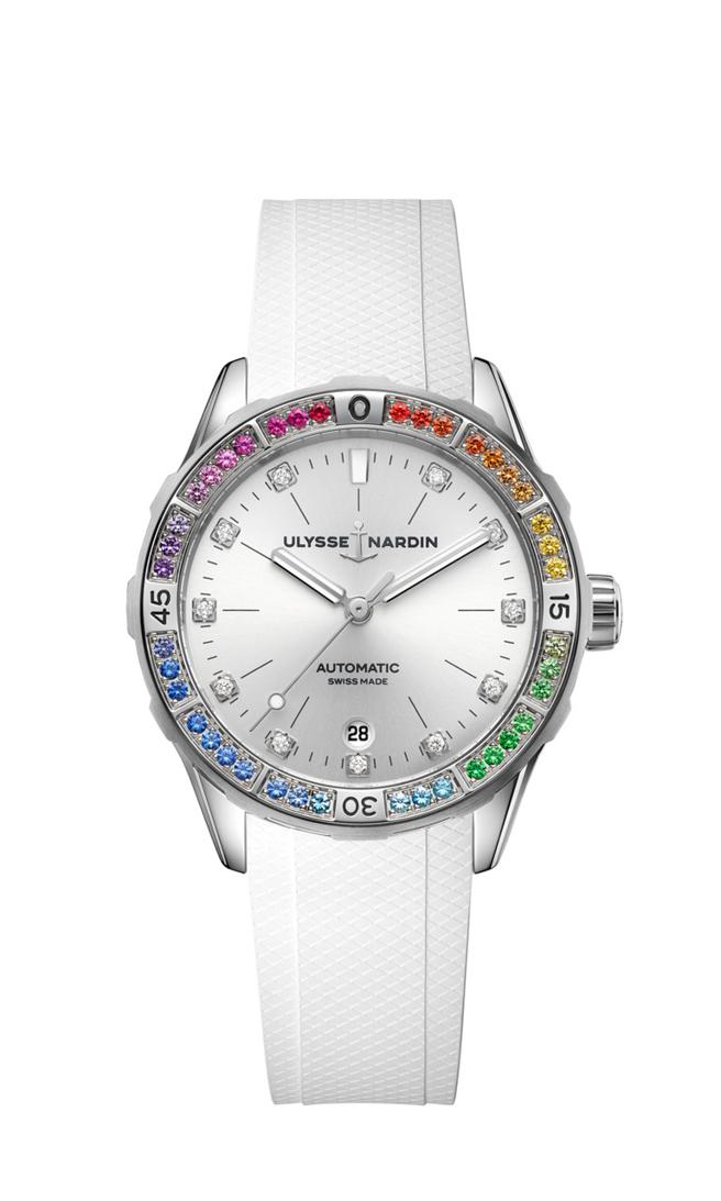 雅典表LADY DIVER美人鱼彩虹潜水表，42万6500元。（ULYSSE NARDIN提供）