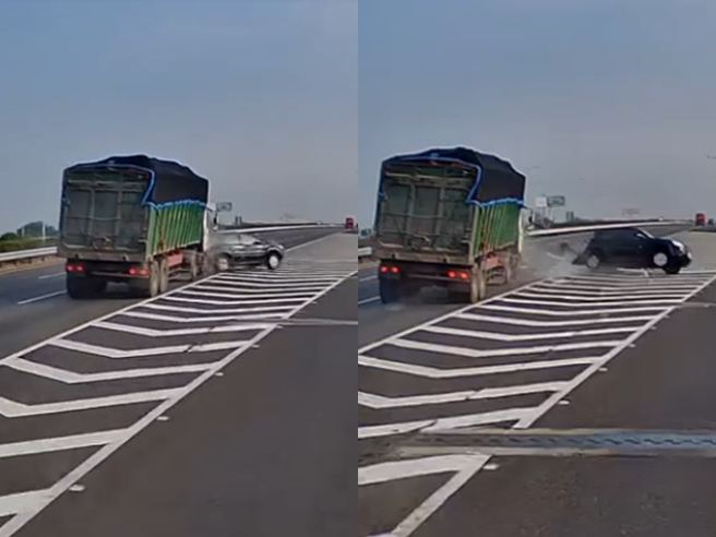 国道一号北上西螺服务站匝道口一辆龟速车慢速行驶在中线、沿路飘移，突然右切到外车道遭砂石车撞上，车身水平翻了整整一圈停在路中，车尾几乎撞烂。（翻摄自脸书「爆料公社公开版」）