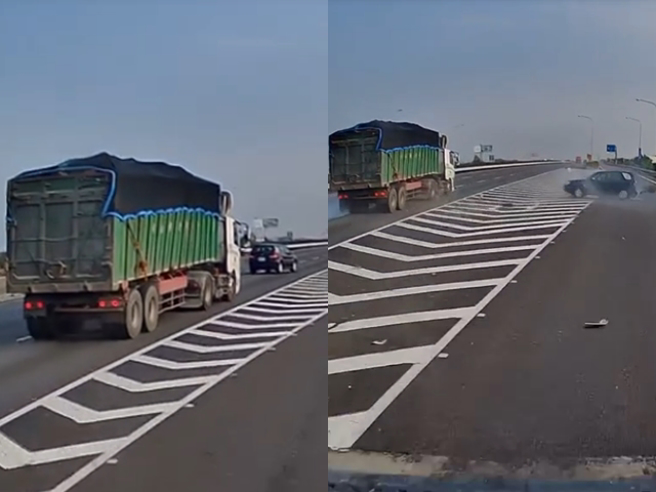 国道一号北上西螺服务站匝道口一辆龟速车慢速行驶在中线、沿路飘移，突然右切到外车道遭砂石车撞上，车身水平翻了整整一圈停在路中，车尾几乎撞烂。（翻摄自脸书「爆料公社公开版」）