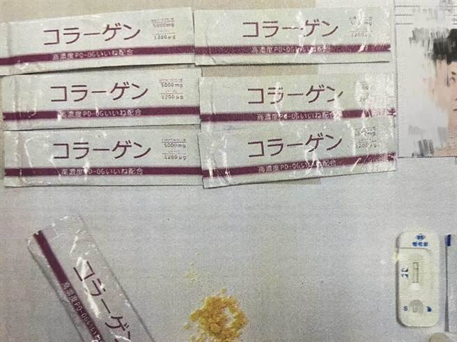 毒咖啡包上印有日文「胶原蛋白-高浓度」的字样， 企图掩人耳目。（民眾提供／李俊淇台南传真）