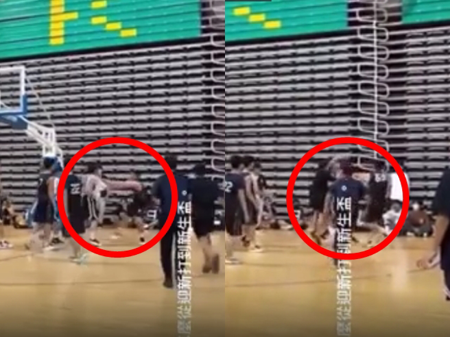 淡江大学企管系、资图系比男子篮球，企管系1名男同学进攻时疑似遭敌队阻挡跌倒他起身就朝敌队1名男子推挤，2人扭打成一团，影片疯传。（翻摄自Dcard）