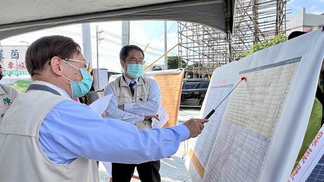 台南市长黄伟哲（右一）27日视察佳里区麻佳路菜寮桥拓宽工程。（张毓翎摄）