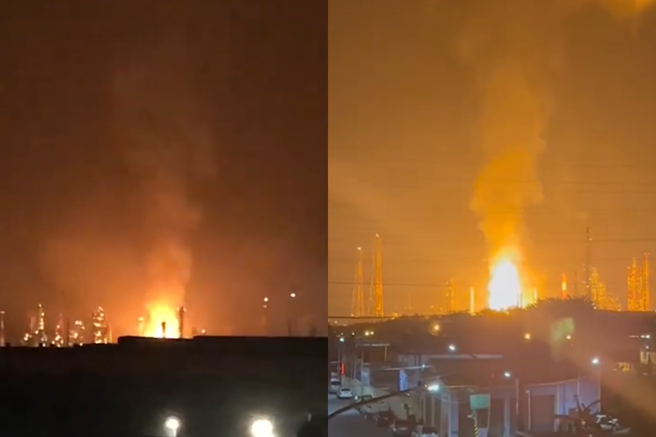 高雄市小港区大林炼油厂27日晚间发生火警，不少民眾在家中就可看见猛烈火势烧红夜空。（图／网友萧明光授权提供）