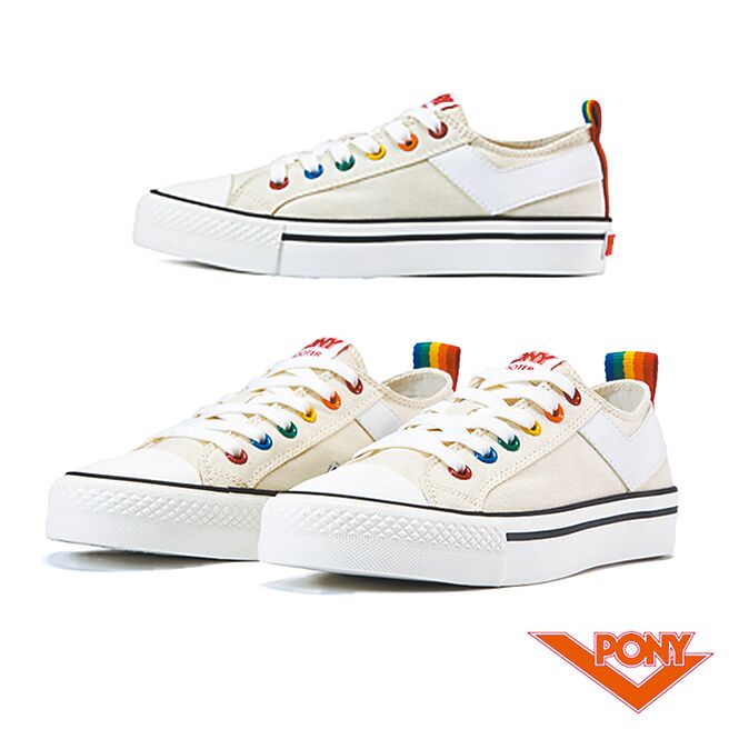 PChome 24h購物的PONY Shooter彩虹米色低筒休閒鞋，11月14日前特價911元。（PChome 24h購物提供）