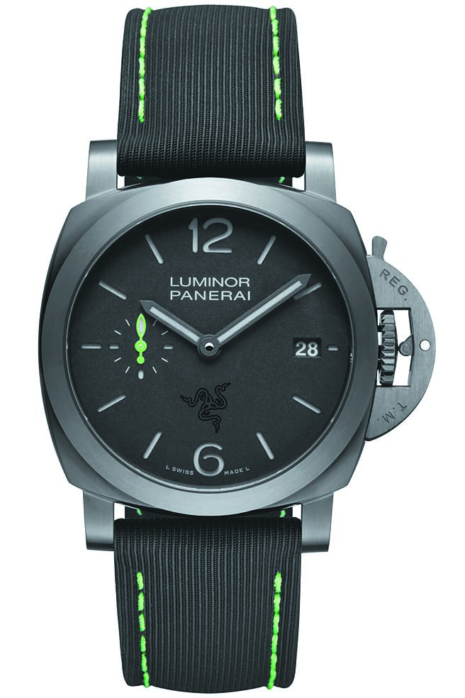 沛納海與雷蛇合作Luminor Quaranta Razer特別版腕表（PAM01353），限量500只，24萬9000元。（PANERAI提供）