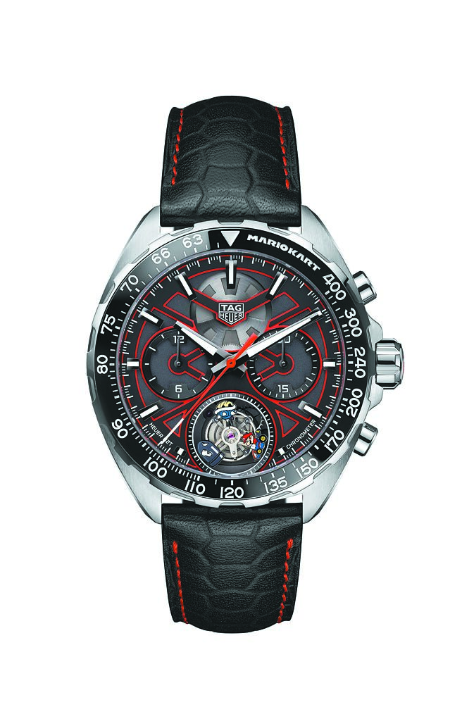 泰格豪雅與任天堂合作推出Mario Kart瑪利歐賽車陀飛輪計時腕表，84萬1300元。（TAG Heuer提供）