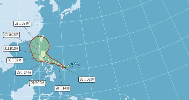 奈格通过吕宋岛后，将北转朝台湾接近。（中央气象局提供）