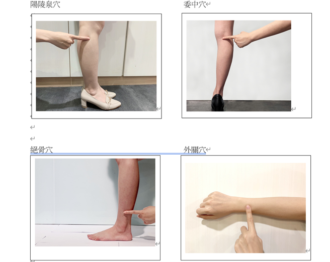 若是小腿酸痛，可以透过按压「委中穴」、「承山穴」、「附阳穴」、「阳陵泉穴」来缓解。（马光中医提供／杨舒婷高雄传真）