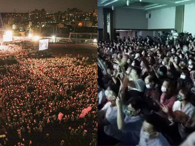 左为卢秀燕28日晚间在沙鹿举办的「台中海线联合大造势」，右为民进党28日晚间举办的「社群之夜」。（合成图／素材取自卢秀燕脸书、本报系影音截图）