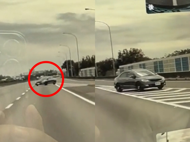 一名驾驶竟开上国道后，在匝道最后一段突然180度大迴转，再次开下匝道，但却是逆向行驶。（翻摄自「爆料公社」）