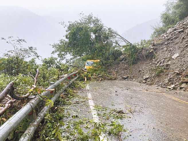 苏花公路台9线119.4K处边坡昨发生坍方，树木倒压停在路侧的工程车，所幸没有人受伤。（公路总局提供／吴佩蓉宜兰传真）