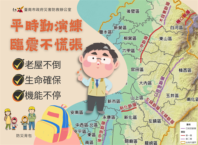 台南以「老屋不倒」、「生命确保」、「机能不停」为核心，拟订大规模地震灾害短中长期具体因应对策。(台南市政府提供／曹婷婷台南传真)