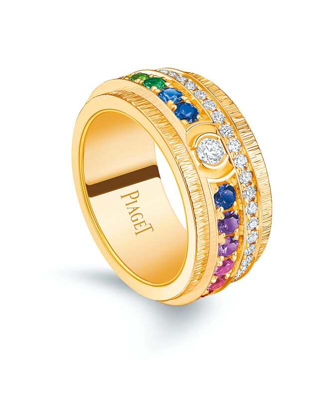 伯爵Possession系列玫瑰金宫廷式雕刻饰纹彩宝镶钻彩虹戒指。（PIAGET提供）