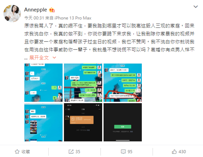 王东的老婆Annepple今日凌晨又被公开两人的对话。（图／微博@Annepple）